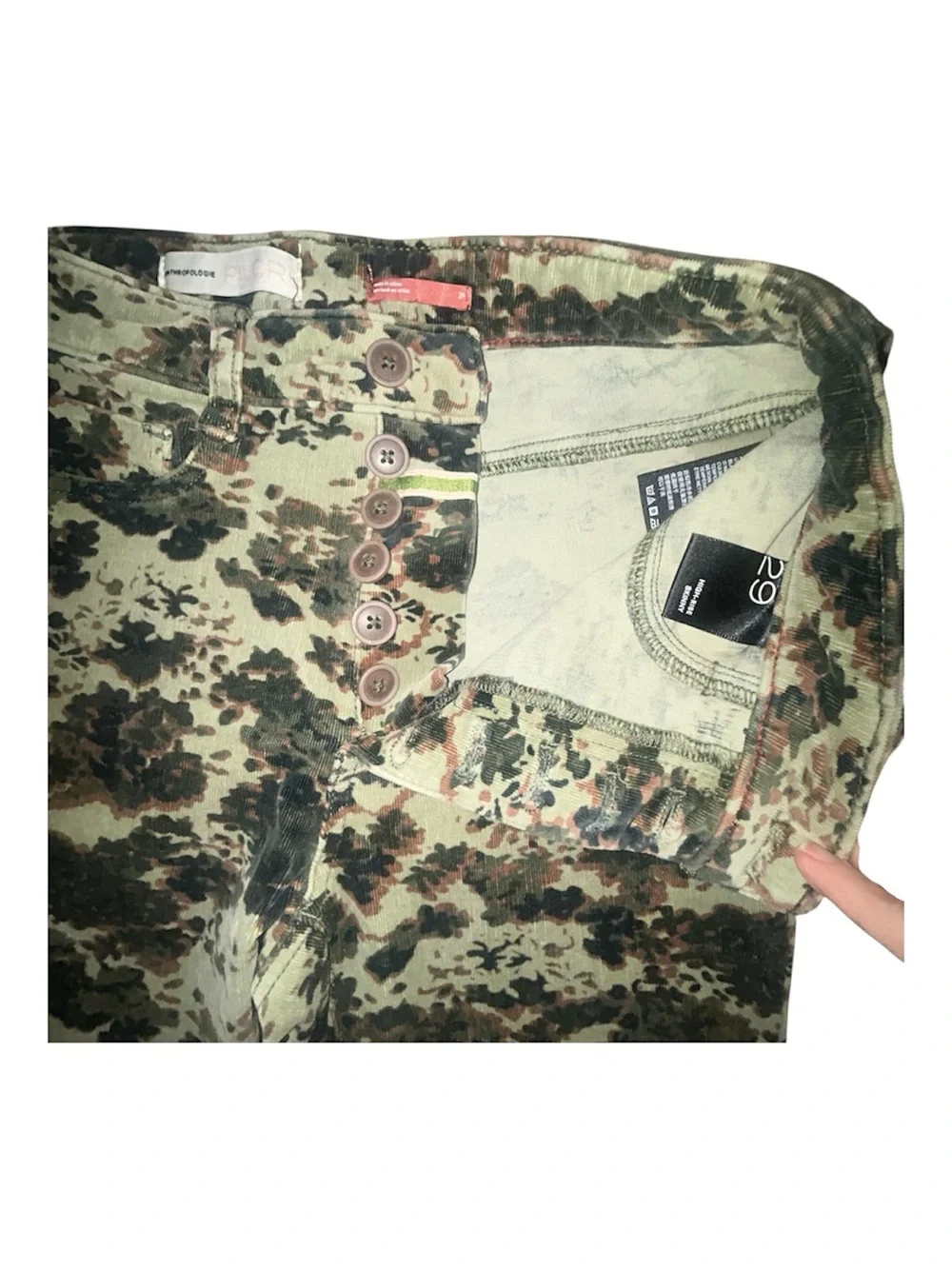 Anthropology Pilcro, corduroy Green Camouflage Skinny Jeans